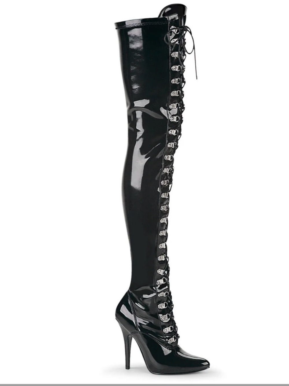 Like new PLEASER Seduce-3024 Thigh HighPatent Lace-Up Stiletto Boots- Black